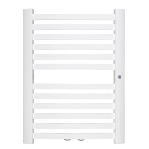 Biały grzejnik t.b.t. z poziomymi żeberkami grzewczymi.
