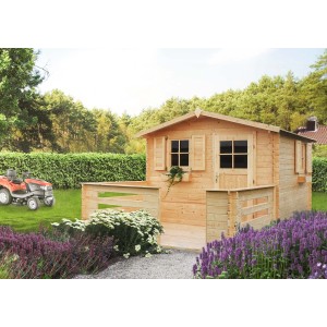 Drewniany domek ogrodowy t.b.t. z tarasem w ogrodzie. Idealny jako domek do zabawy lub szopa na narzędzia.