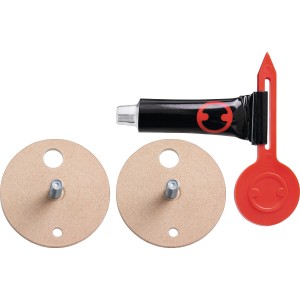 Tesa Power Kit BK43-2: Zestaw adapterów z klejem, dwa adaptery montażowe i klucz imbusowy do akcesoriów łazienkowych.