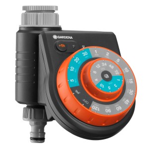 Komputer nawadniający Gardena z pokrętłem do ustawiania czasu nawadniania ogrodu.
