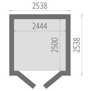 Rzut drewnianego domku t.b.t. z wymiarami.