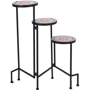 Dekoracyjny stojak na kwiaty z trzema poziomami i mozaikowymi płytkami.