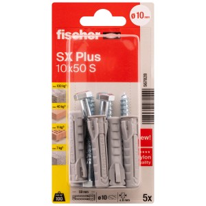 Kołki Fischer SX Plus 10x50 S, zestaw 5 sztuk do śrub, gwoździ i mocowań.