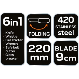 NEO TOOLS Nóż survivalowy składany 6 w 1, 22 cm