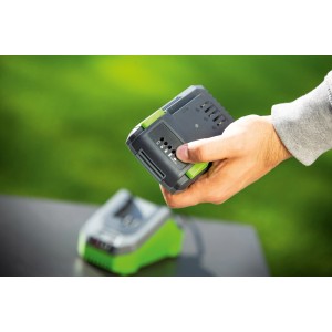 Akumulator LUX 20V Li-Ion 1 PowerSystem 2Ah w dłoni, ładowarka w tle.