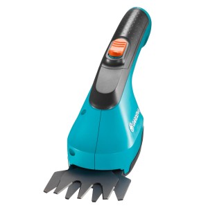 Akumulatorowe nożyce do trawy i krzewów Gardena AccuCut Li, niebiesko-czarne, z nożem do krzewów.