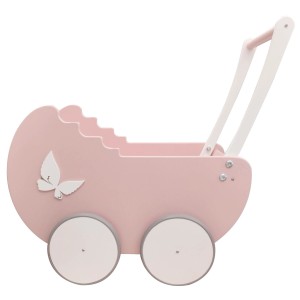 Różowy wózek dla lalek z motylkiem do zabawy dla dzieci.