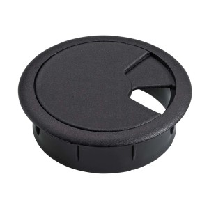 Czarna przelotka kablowa do mebli, akcesorium do biurka.