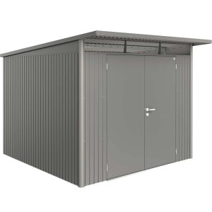 Szara metalowa szopa ogrodowa z podwójnymi drzwiami. Idealna do przechowywania w ogrodzie.