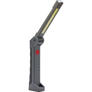 Składana lampa robocza LED w kolorze czarno-szarym, ładowalna, 300 lumenów, idealna do warsztatu i na budowę.