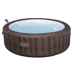 Okrągłe dmuchane jacuzzi Bestway Bali AirJet o wyglądzie rattanu z bulgoczącą wodą dla 7 osób.