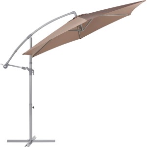 Parasol na wysięgniku t.b.t. w kolorze beżowym ze szarą ramą.
