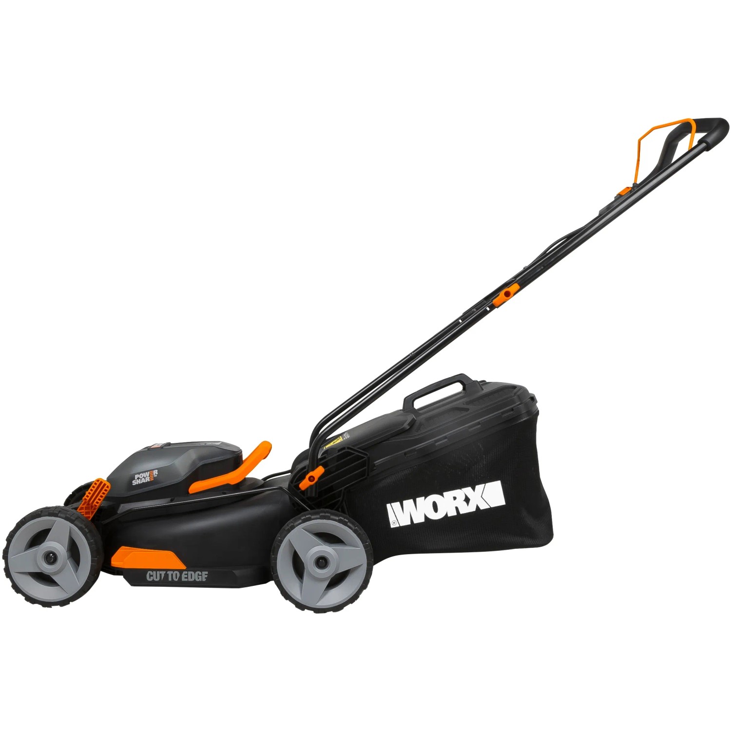 Kosiarka akumulatorowa Worx WG743E, szerokość koszenia 40 cm z koszem na trawę.