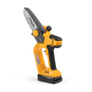 Żółta pilarka akumulatorowa do przycinania drzew i prac ogrodowych.