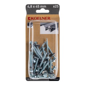 Wkręty do blachy KOELNER 4,8x45mm, opakowanie 25 szt. Wkręty z podkładką uszczelniającą dla bezpiecznych połączeń.