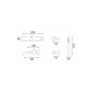 Rysunek techniczny baterii wannowej t.b.t. z wymiarami.