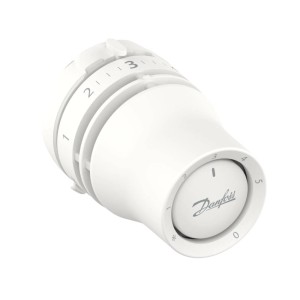Biała głowica termostatyczna Danfoss do instalacji grzewczych.