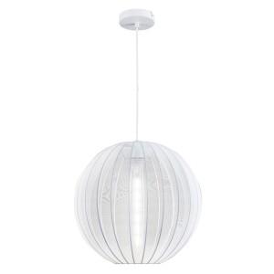 Biała lampa wisząca t.b.t. z okrągłym kloszem do użytku wewnętrznego.