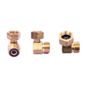 Mosiężne złącze kolankowe do akcesoriów kempingowych, różne widoki.