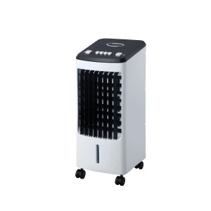 Przenośny klimatyzator t.b.t. biało-czarny z kółkami.