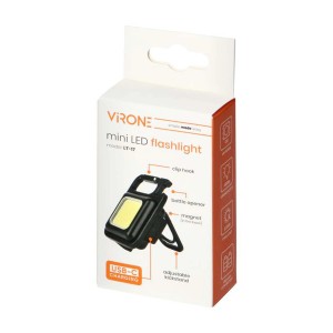 Opakowanie Virone Mini LED latarki z klipsem, otwieraczem do butelek i ładowaniem USB-C.