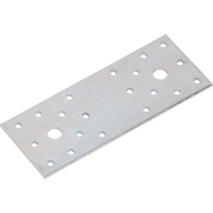 Prostokątny, ocynkowany łącznik płaski 140x55 mm z otworami do mocowania elementów meblowych.