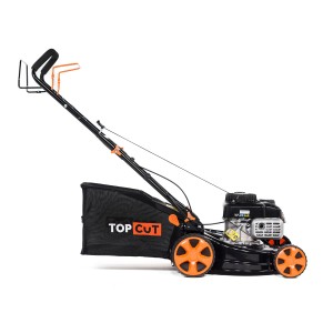 Kosiarka spalinowa Top Cut, czarna z pomarańczowymi akcentami i koszem.