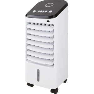 Biały, mobilny klimatyzator t.b.t. z żaluzjami i kółkami.