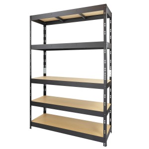 Czarny regał t.b.t. z pięcioma półkami do przechowywania i piwnicy.