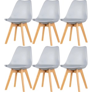 Zestaw 6 szarych, tapicerowanych krzeseł t.b.t. z drewnianymi nogami.