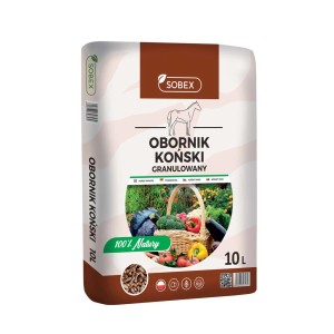 Worek granulowanego obornika końskiego (t.b.t.) jako naturalny nawóz ogrodowy.