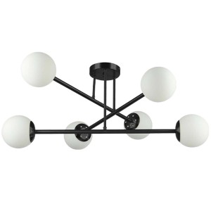 Nowoczesna lampa wisząca z sześcioma białymi kulami i czarną ramą.