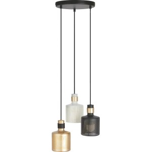 Lampa wisząca t.b.t. z trzema kloszami w kolorze złotym, białym i czarnym.