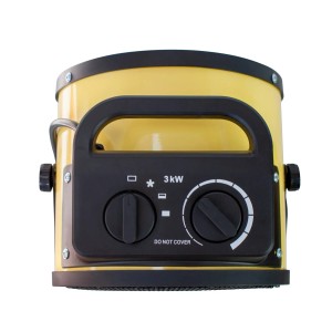 Żółty grzejnik elektryczny 3kW z uchwytem i sterowaniem.