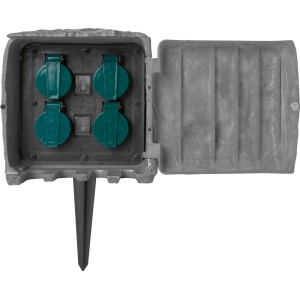 Szare gniazdo ogrodowe z czterema zielonymi gniazdami i szpikulcem.