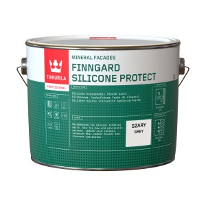 Wiadro szarej farby fasadowej Finngard Silicone Protect firmy Tikkurila.