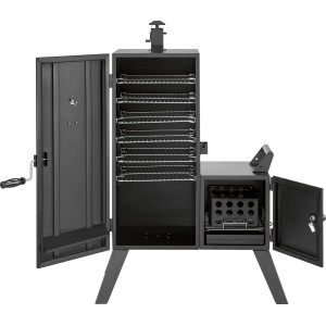Czarny grill i wędzarnia t.b.t. z otwartymi drzwiami i wieloma poziomami.