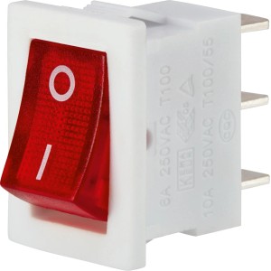 Czerwony przełącznik kołyskowy t.b.t. z białą ramką do instalacji elektrycznej.