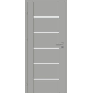 Szare drzwi wewnętrzne z pięcioma poziomymi białymi akcentami.