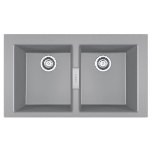 Szary zlewozmywak granitowy t.b.t. z dwiema komorami i centralnym panelem sterowania.