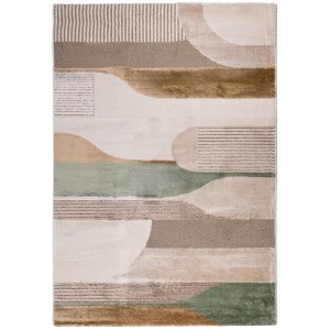 Nowoczesny, wielobarwny dywan z długim włosiem i abstrakcyjnym wzorem.