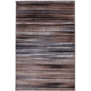 Dywan z krótkim włosiem z abstrakcyjnym wzorem w paski w odcieniach brązu, szarości i czerni.