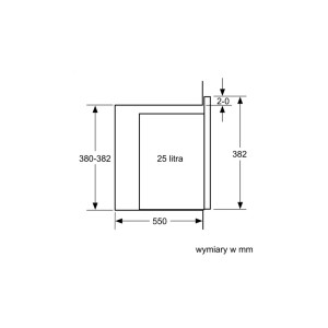 Szkic kuchenki mikrofalowej z wymiarami (wysokość, szerokość, głębokość) w mm i wskazaniem pojemności komory gotowania (25 litrów).