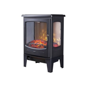 Czarny kominek elektryczny t.b.t. z efektem płomienia dla przytulnej atmosfery.