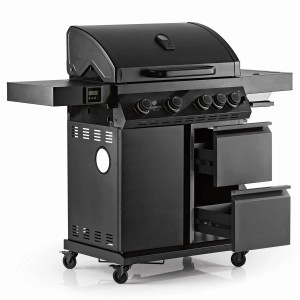 Czarny grill gazowy z półkami i szufladami.