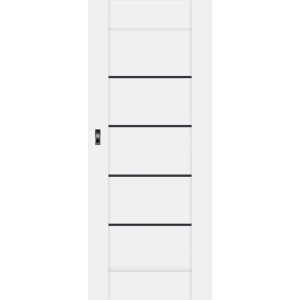 Białe drzwi wewnętrzne z czarnymi listwami ozdobnymi, widoczna klamka.