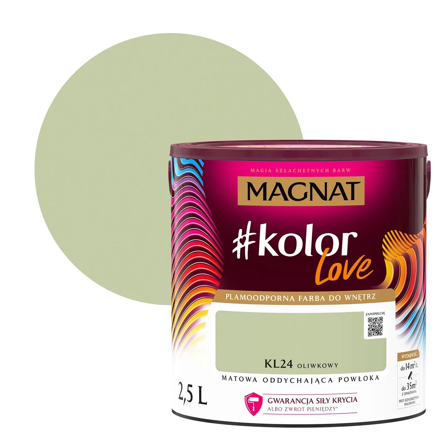 MAGNAT Kolor Love farba do ścian, oliwkowy, puszka 2,5L. Kolorowe koło w tle.
