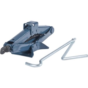Niebieski podnośnik samochodowy nożycowy z korbą, udźwig do 1000 kg.