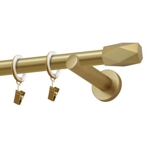 Złoty karnisz z zakończeniem, kółkami i wspornikiem.