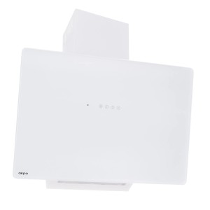 Biały okap ścienny t.b.t. z dotykowym panelem sterowania do kuchni.